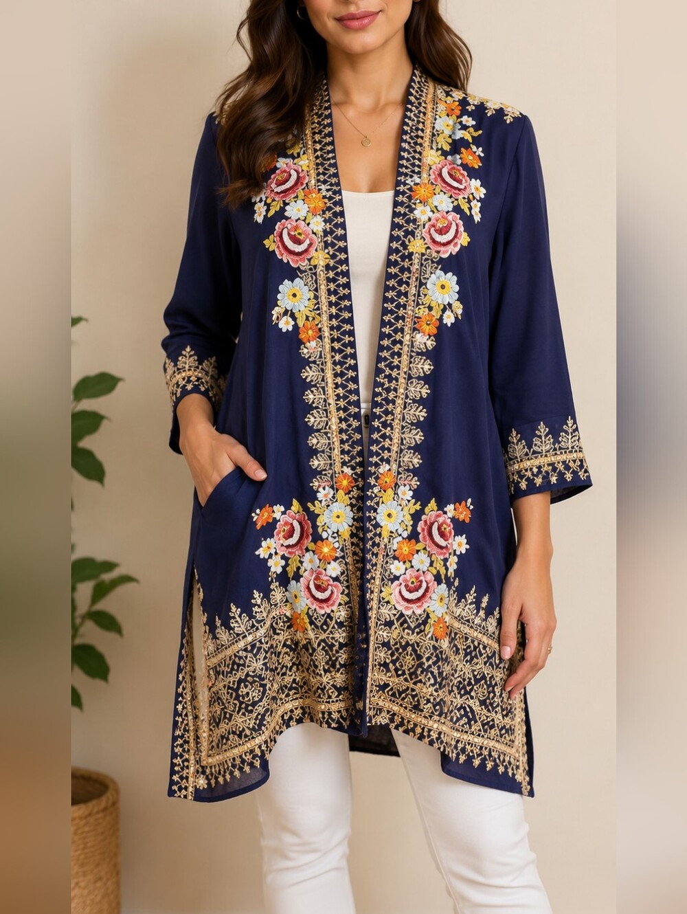 Embroidered Navy Floral Women's  Kimono with side pocket